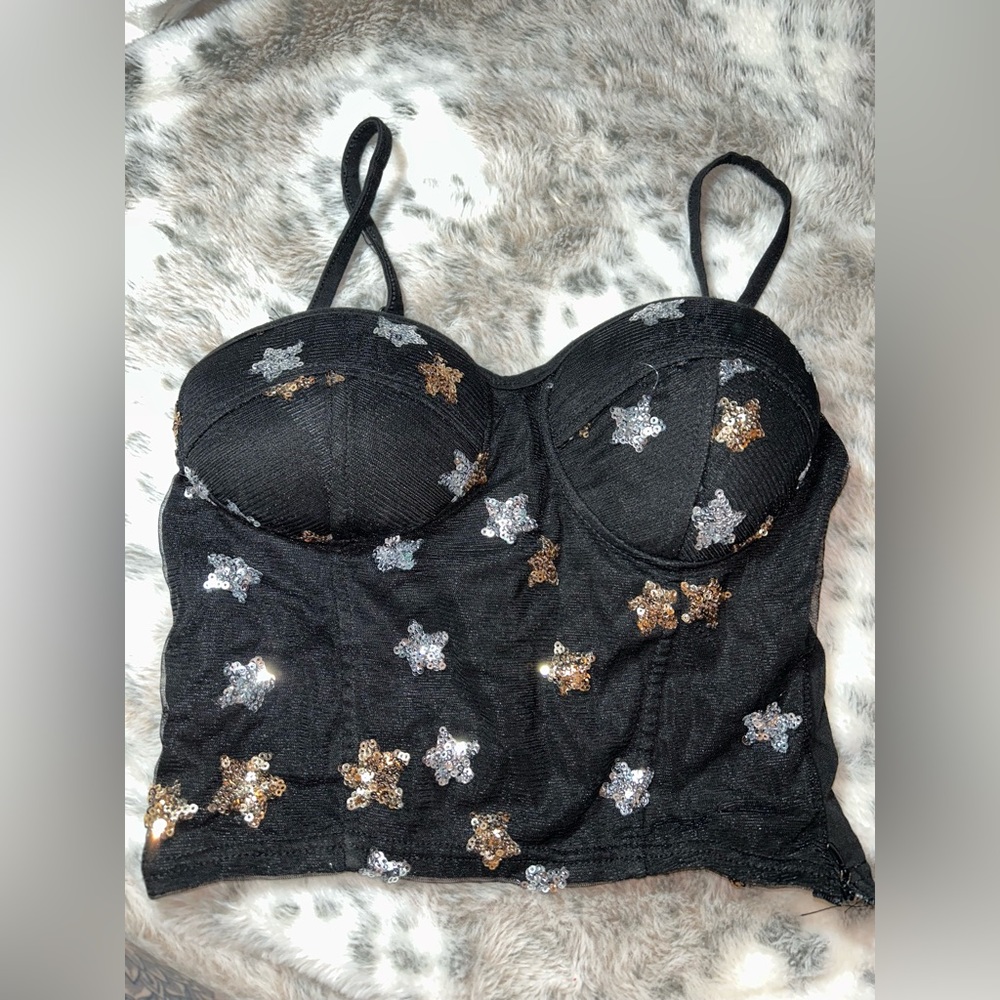 Black bling star crop tank